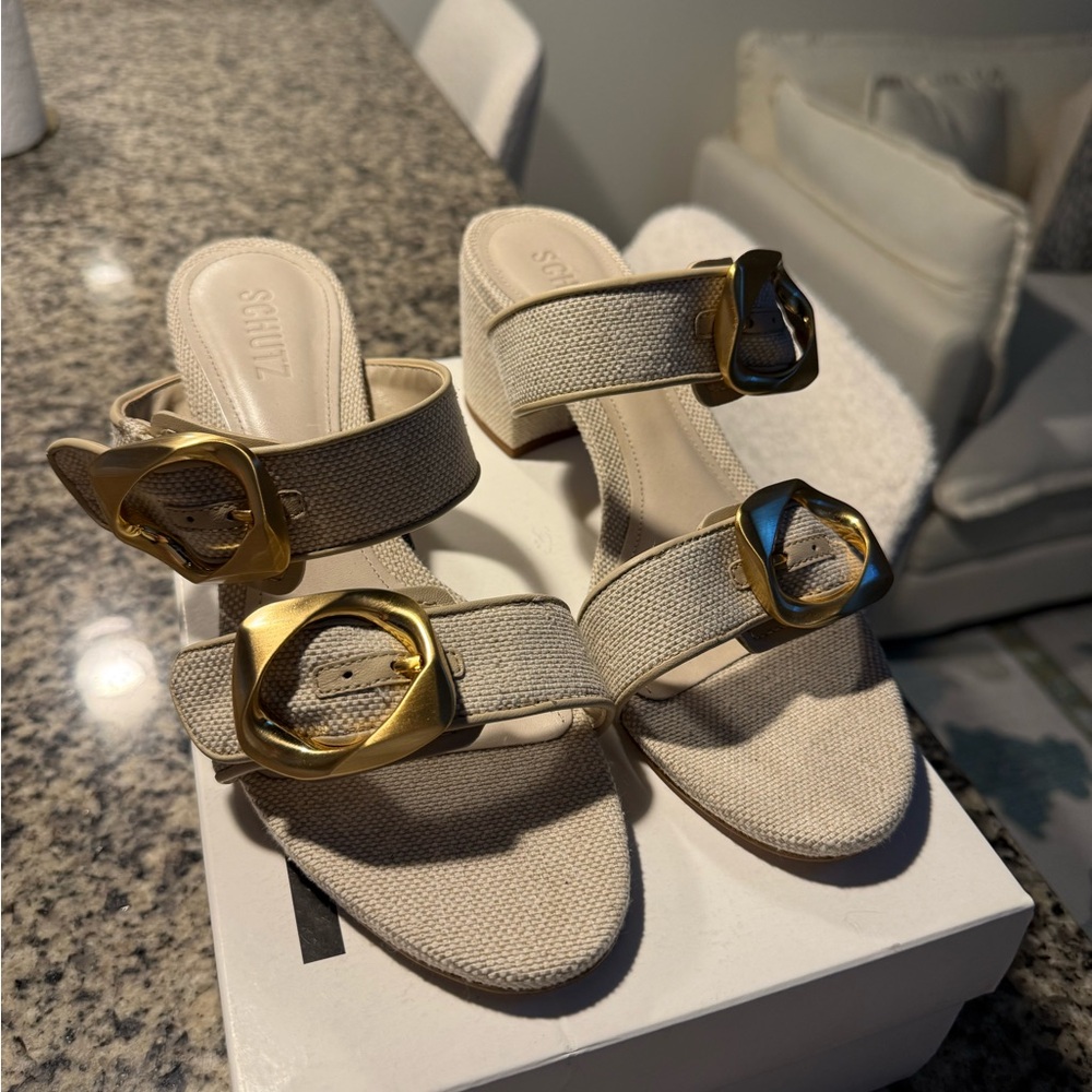 SCHUTZ Women's Beige Sandals with Gold Accents